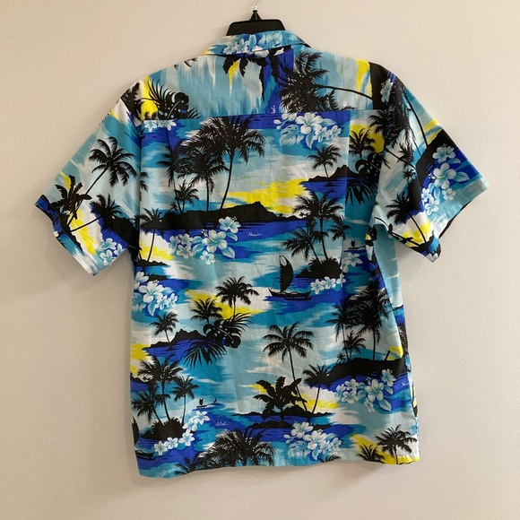 Jade Fashions Hawaiian Shirt Mens Size L Blue Green Palm Trees Made in Hawaii - Picture 5 of 6